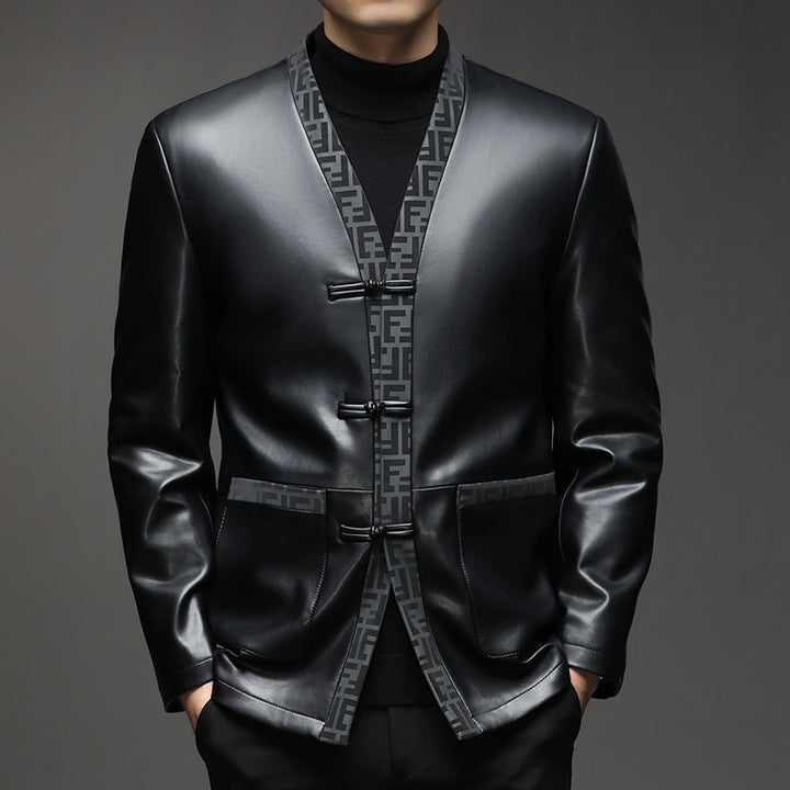 Men's Faux Leather Cardigan Jacket with KnMune Fashion Fastenings and Contrasting Shawl Collar Mune Fashion