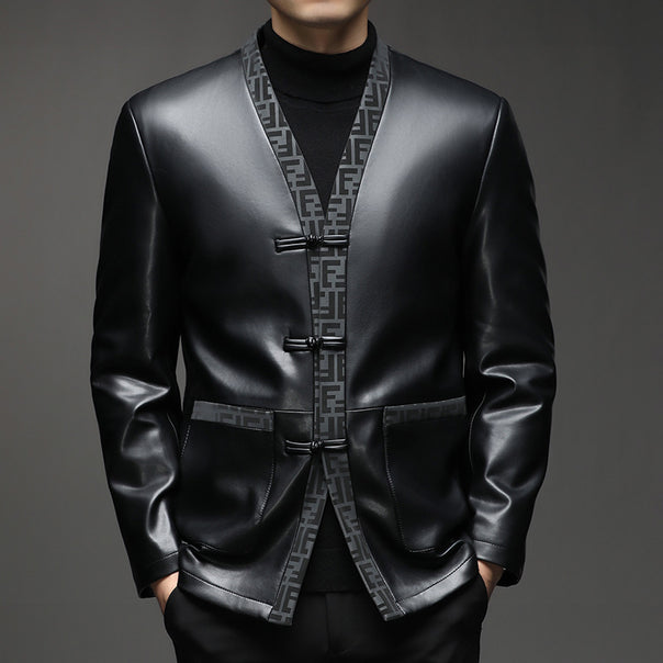 Men's faux leather kimono-style jacket with jacquard trim and cord closures Mune Fashion