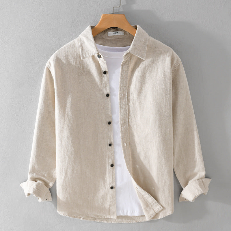 Men's Relaxed-Fit Linen Shirt with Continuous Button Placket and Shirt Collar Mune Fashion