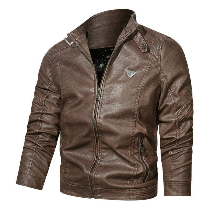 Men's Denim-Look Biker Jacket with Textured Surface and Stand-Up Collar Mune Fashion