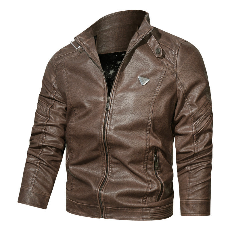 Men's Faux Leather Bomber Jacket in Used Denim Look with Stand Collar and Zipper Pockets Mune Fashion