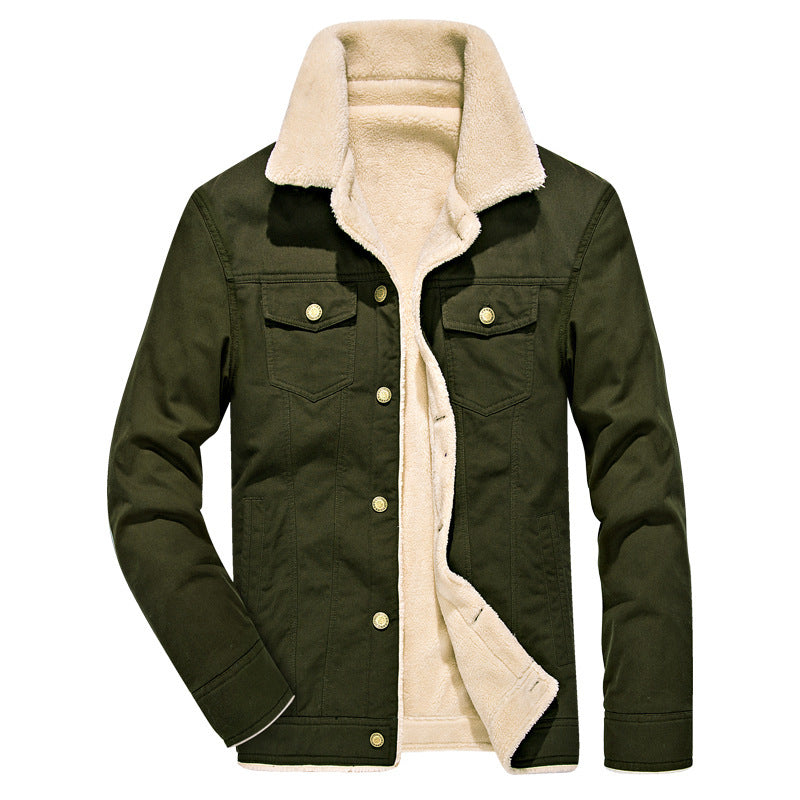 Men's Canvas Trucker Jacket with Full Sherpa Lining and Notched Collar Mune Fashion