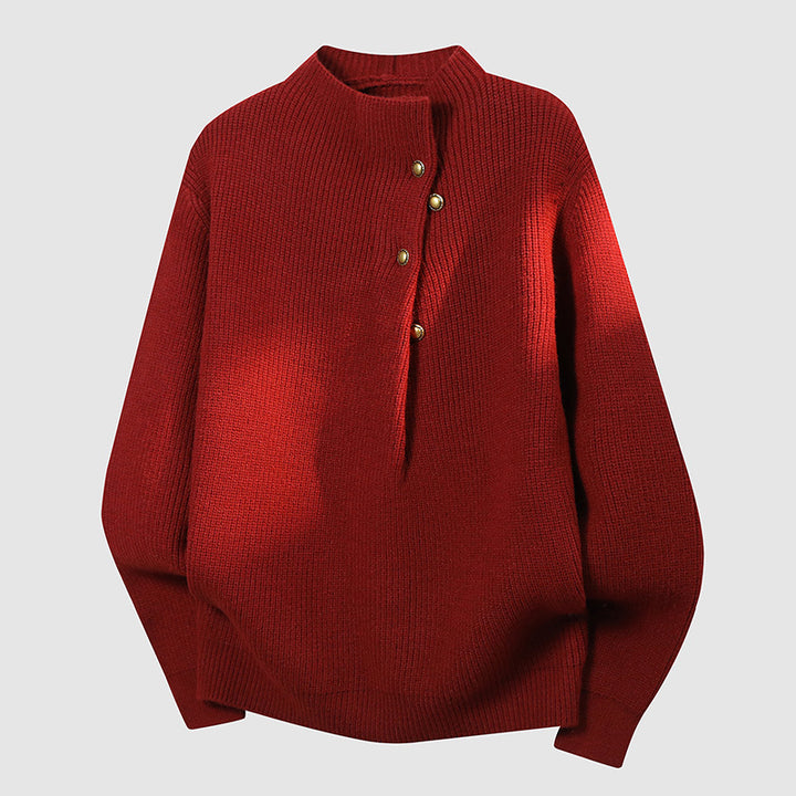 Women's Oversized Fine Knit Sweater with Asymmetrical Button Placket and Stand Collar Mune Fashion