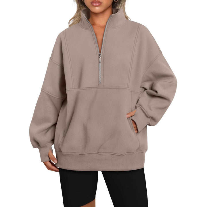Women's Oversized Sweatshirt with Half Zipper, Stand-Up Collar and Kangaroo Pocket Mune Fashion