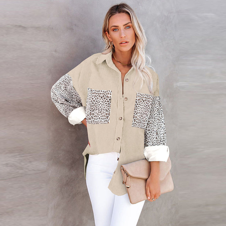 Women's Oversize Cord Shirt with Continuous Button Placket, Leo Contrast Sleeves and Patch Pockets Mune Fashion