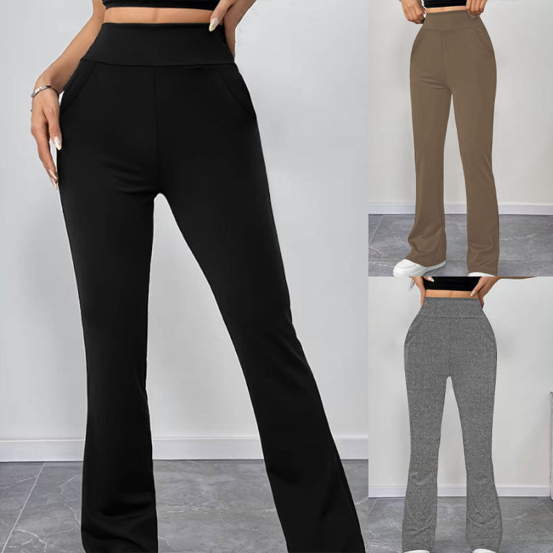 Women's flared pants made of stretch knit with high waist and side pockets Mune Fashion