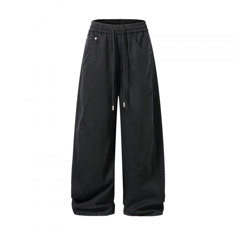 Unisex Loose Denim Pants with Elastic Waistband, Drawstring and Five Pockets Mune Fashion