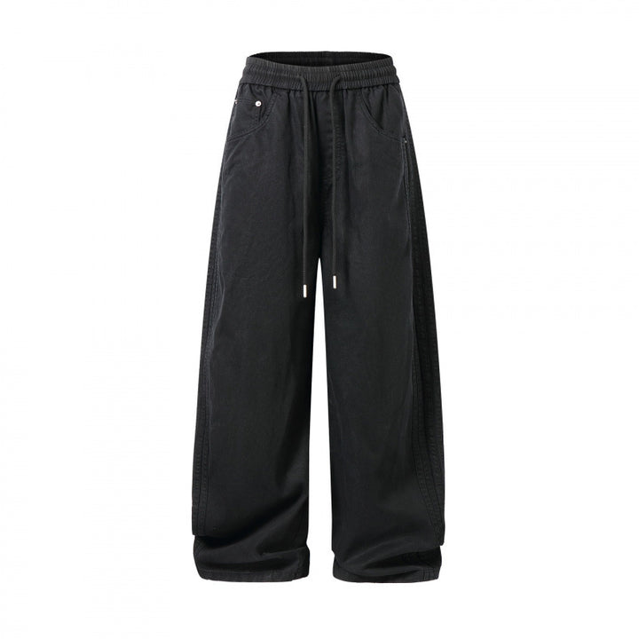 Unisex Loose Denim Pants with Elastic Waistband, Drawstring and Five Pockets Mune Fashion