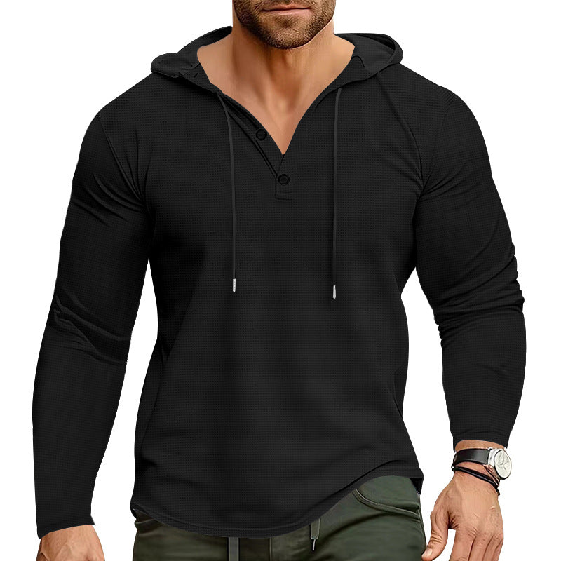 Men's body-hugging waffle texture Henley hoodie with half button placket and drawstring Mune Fashion