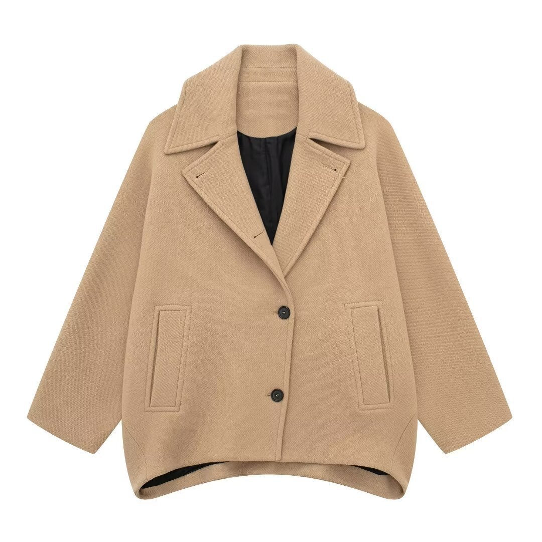 Women's short-cut oversized wool blend caban with wide lapels and boxy silhouette Mune Fashion