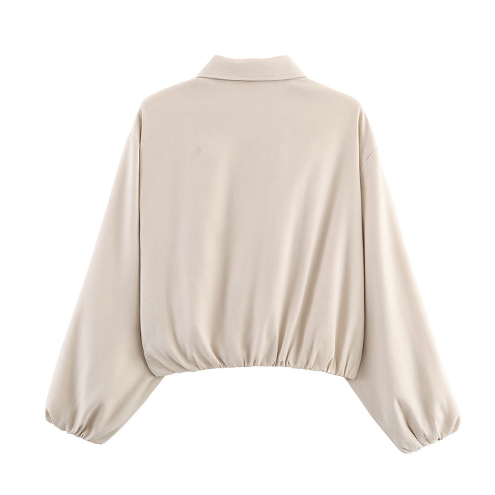 Women's cropped blouson jacket with balloon sleeves, elastic hem, and shirt collar Mune Fashion