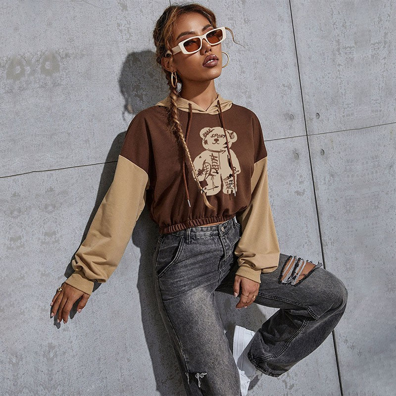 Women's Short-Cut Hoodie with Teddy Print, Colorblock Sleeves and Elastic Hem