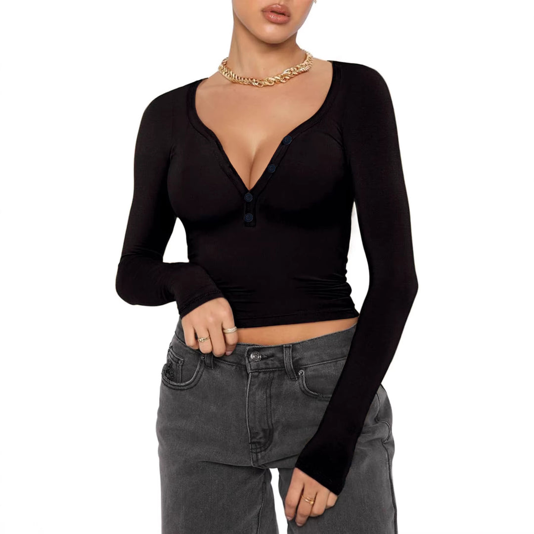 Women's fitted ribbed long sleeve with Henley button placket and deep V-neck Mune Fashion