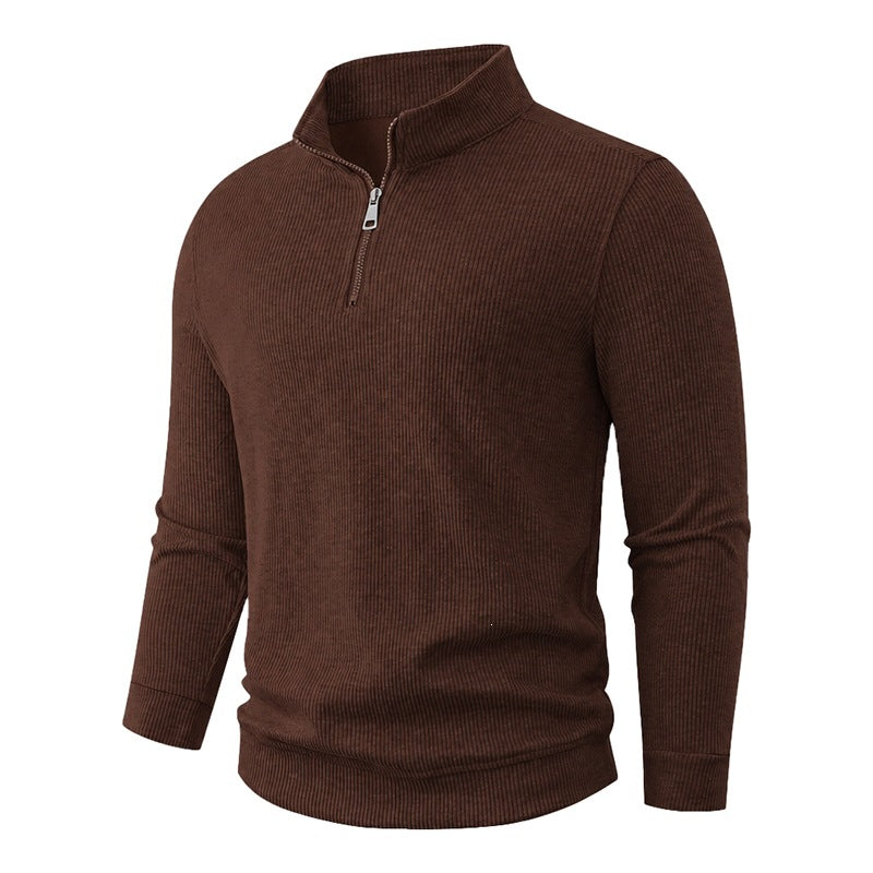 Men's Half-Zip Knit Sweater with Stand Collar and Rib Structure Mune Fashion