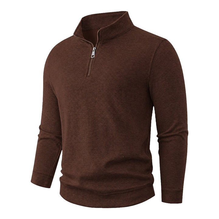 Men's Half-Zip Knit Sweater with Stand Collar and Rib Structure Mune Fashion