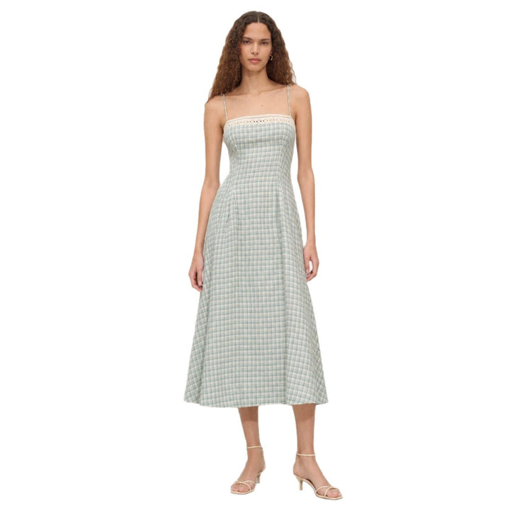 Women's Vintage-inspired Midi Dress with Slim Spaghetti Straps, Lace Insert and Flared Skirt Mune Fashion