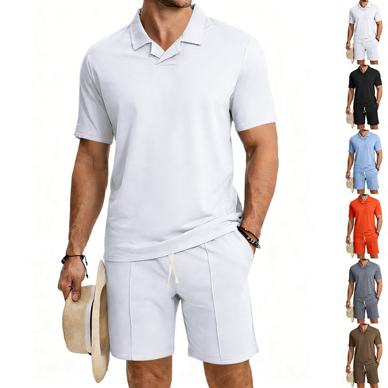 Men's short-sleeved polo lounge set with V-insert at the collar and drawstring bermuda Mune Fashion