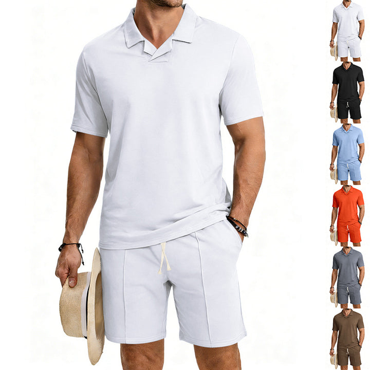 Men's short-sleeved polo lounge set with V-insert at the collar and drawstring bermuda Mune Fashion