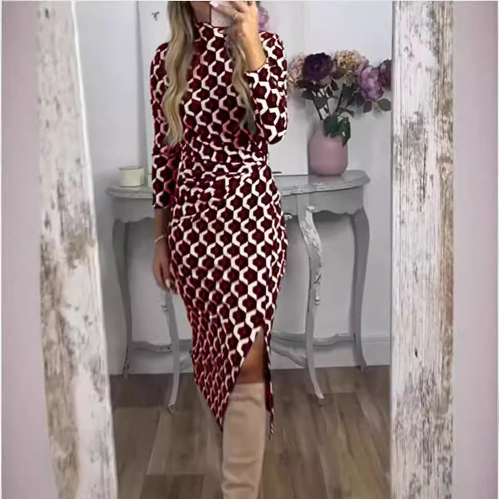 Women's Figure-hugging Midi Dress with Geometric Honeycomb Pattern, Stand Collar and Side Slit Mune Fashion