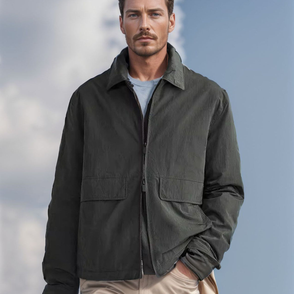 Men's Lightweight Utility Blouson Jacket with Shirt Collar and Applied Flap Pockets Mune Fashion