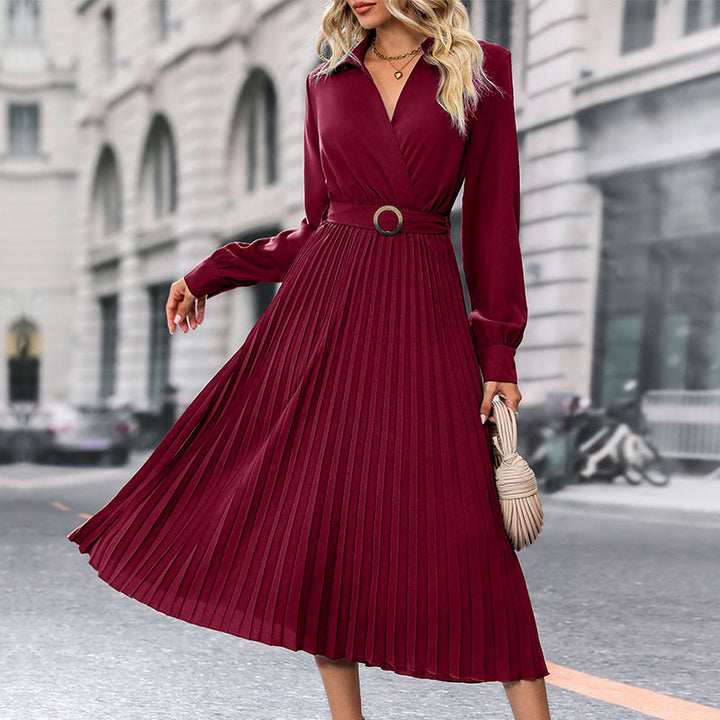 Women Elegant Pleated Dress with Belt Mune Fashion
