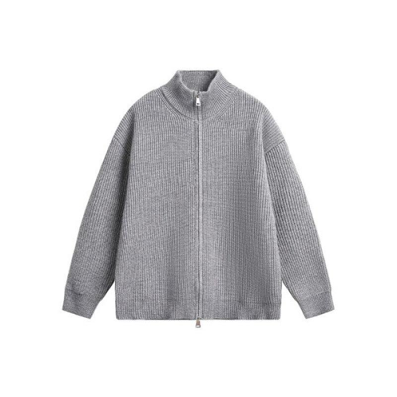 Unisex Oversized Knit Zip Jacket with Stand-Up Collar and Ribbed Cuffs Mune Fashion