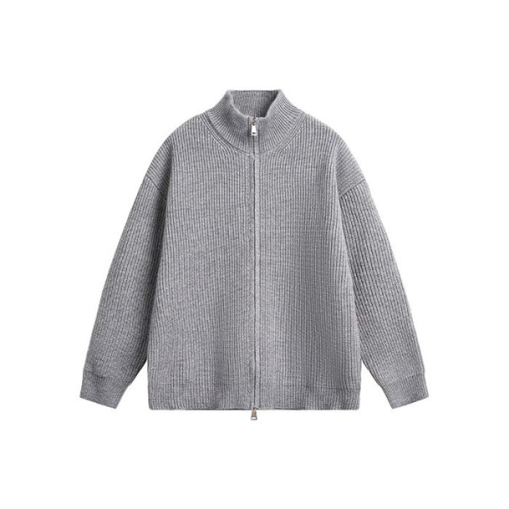 Unisex Oversized Knit Zip Jacket with Stand-Up Collar and Ribbed Cuffs Mune Fashion