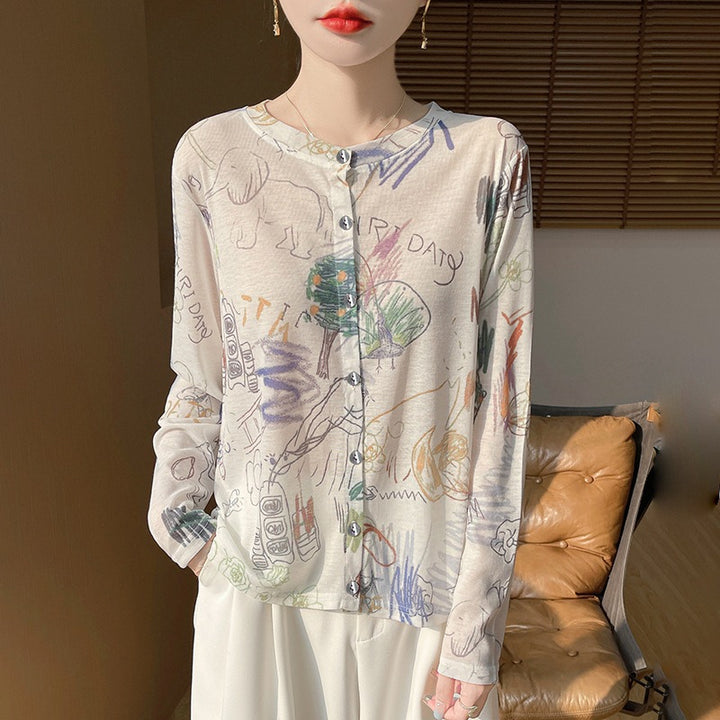 Ladies Lightweight Watercolor Print Fine Knit Cardigan with Round Neck and Button Placket Mune Fashion