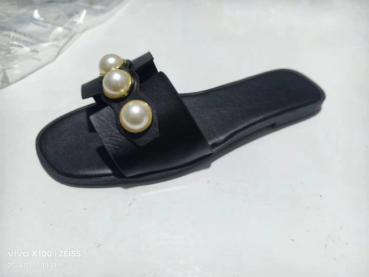 Ladies' flat slide sandal with large decorative pearls and gold-trimmed applications padded comfort footbed Mune Fashion