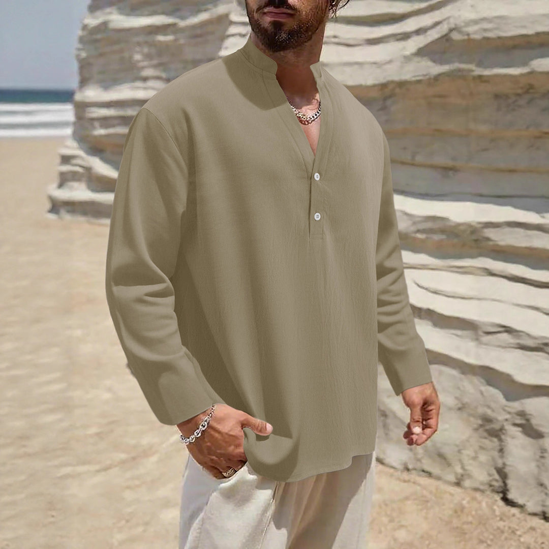 Men's Lightweight Linen Henley with Stand-up Collar and 2-Button Placket Mune Fashion