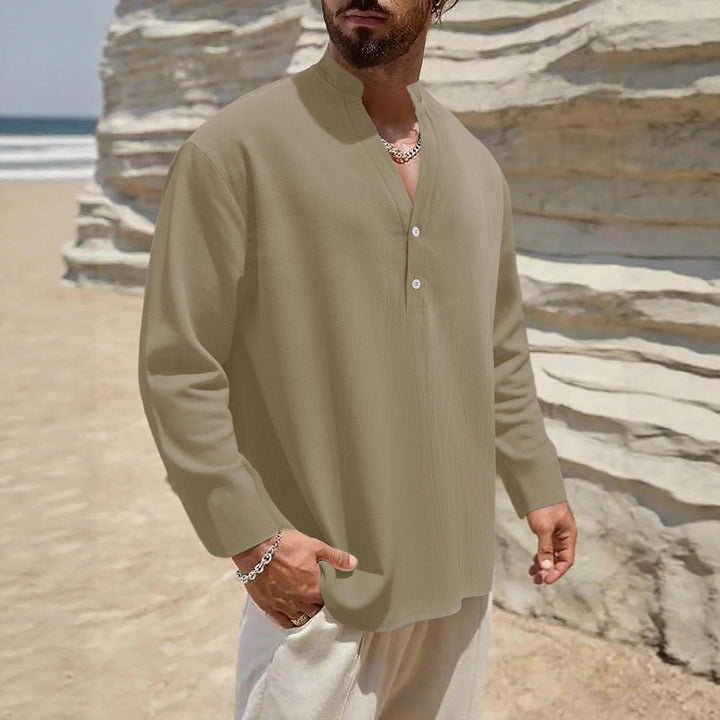 Men's Lightweight Linen Henley with Stand-up Collar and 2-Button Placket Mune Fashion