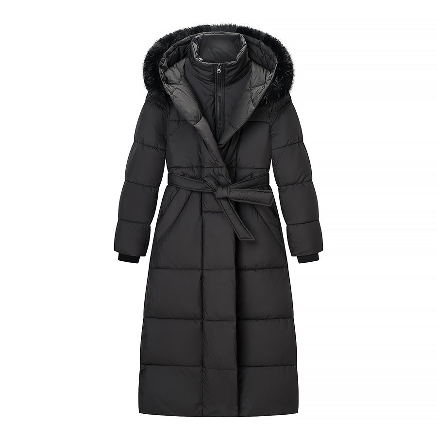 Women's Longer Quilted Down Coat with Hood, Faux Fur Trim and Waist Belt Mune Fashion
