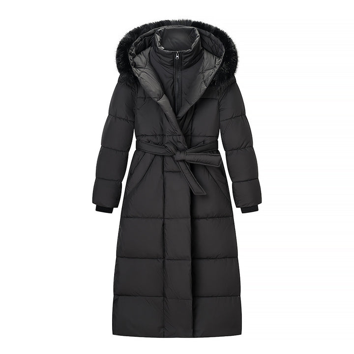 Women's Longer Quilted Down Coat with Hood, Faux Fur Trim and Waist Belt Mune Fashion