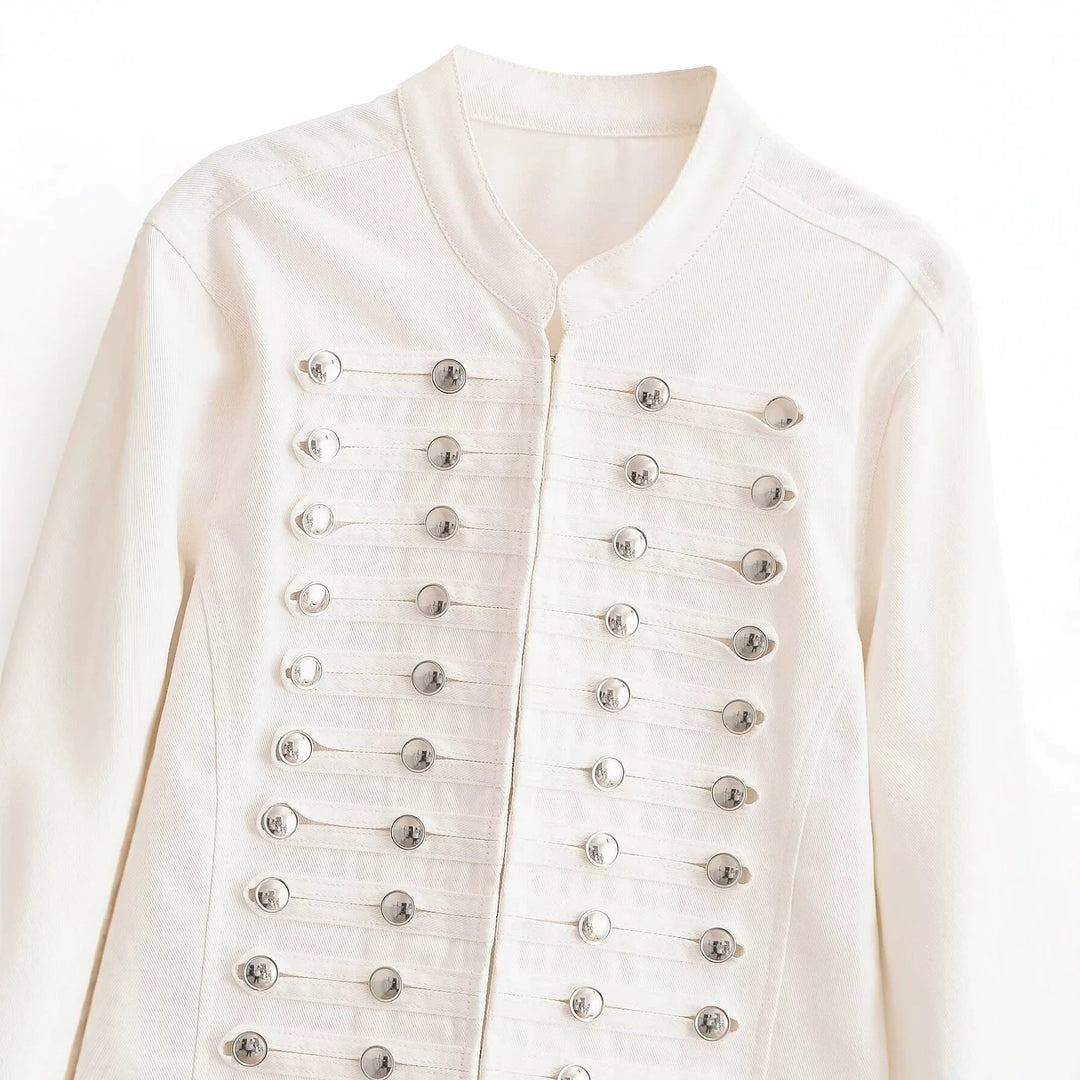 Women’s short jacket in a military-inspired marching uniform look with decorative chain buttons Mune Fashion