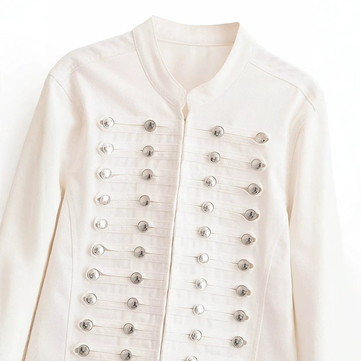 Women’s short jacket in a military-inspired marching uniform look with decorative chain buttons Mune Fashion