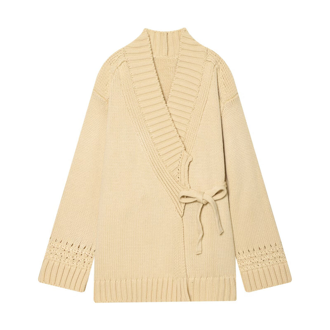 Women's wrap knit cardigan with shawl collar, tie belt and crochet sleeves Mune Fashion