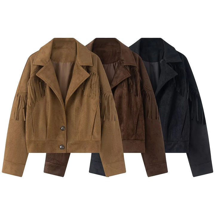 Ladies nan short suede look fringe jacket with lapel collar and concealed button placket Mune Fashion