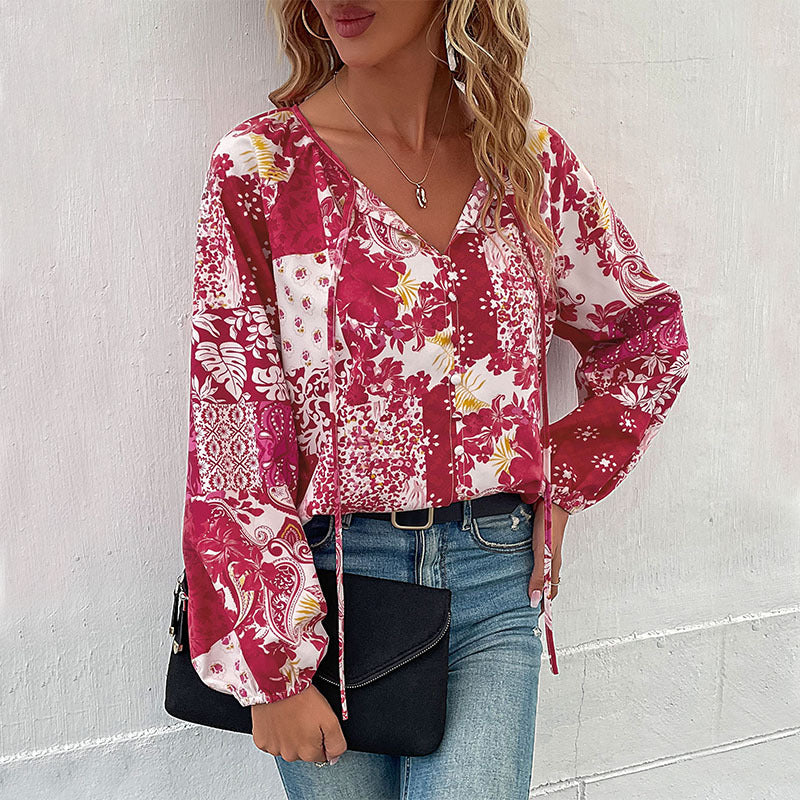 Women's Light Boho Blouse with Patchwork Print, Tied Slit and Balloon Sleeves Mune Fashion