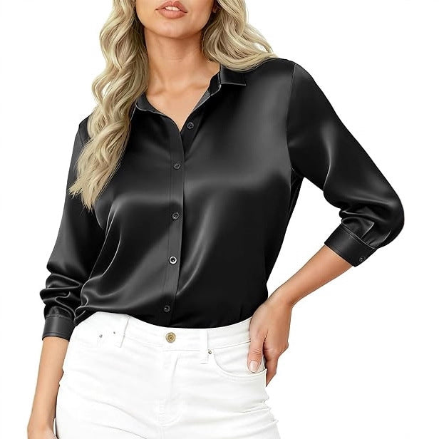Women Elegant Satin Blouse with Long Sleeves Mune Fashion