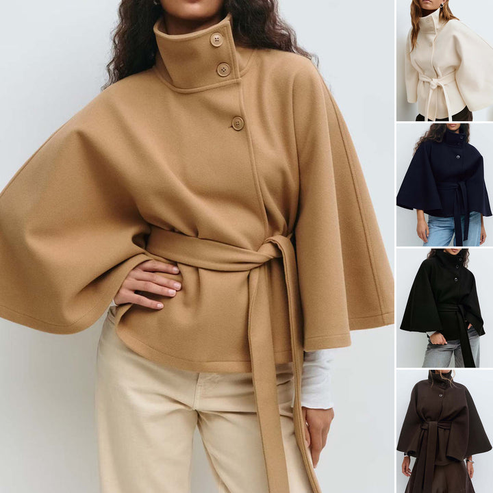 Women's Short Cape Coat with Stand-Up Collar, Oversized Sleeves and Tie Belt Mune Fashion