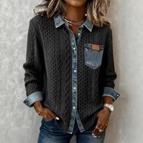 Women’s knit cardigan with denim-look collar, decorative button placket and chest pocket Mune Fashion