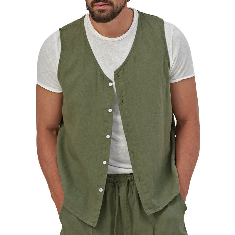 Men's casual sleeveless shirt waistcoat made of linen-cotton blend with V-neck and full button placket Mune Fashion