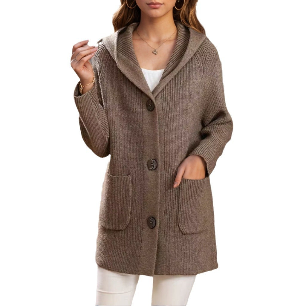Women's long ribbed hooded cardigan with patch pockets and distinctive buttons Mune Fashion