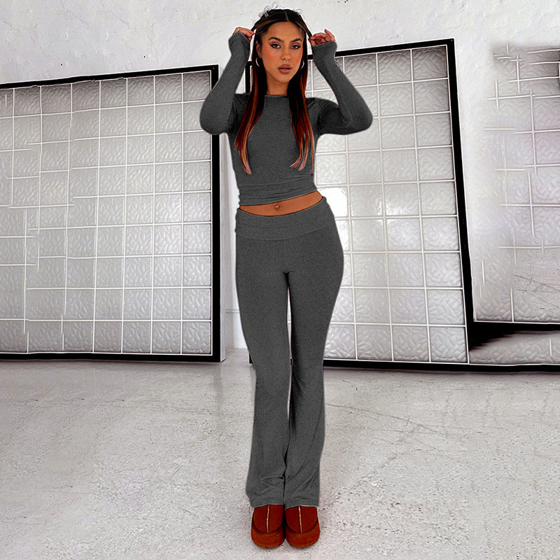 Women’s Stretch Lounge Set with cropped long sleeve top and flared high-waisted pants Mune Fashion