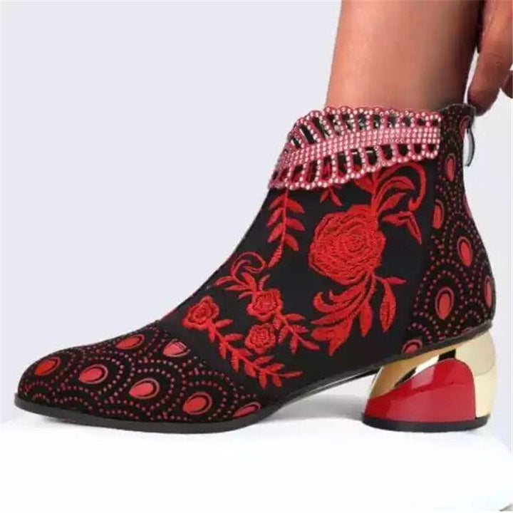 Women's embroidered ankle boots with velvet insert, pearl embellishments, and sculpted block heel Mune Fashion