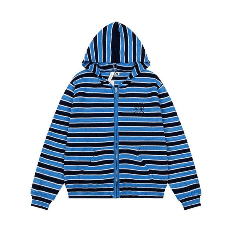 Women's Striped Hooded Cardigan with Full Zip and Pockets Mune Fashion