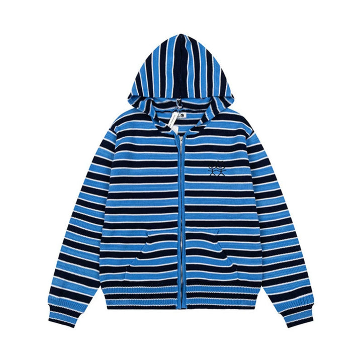 Women's Striped Hooded Cardigan with Full Zip and Pockets Mune Fashion
