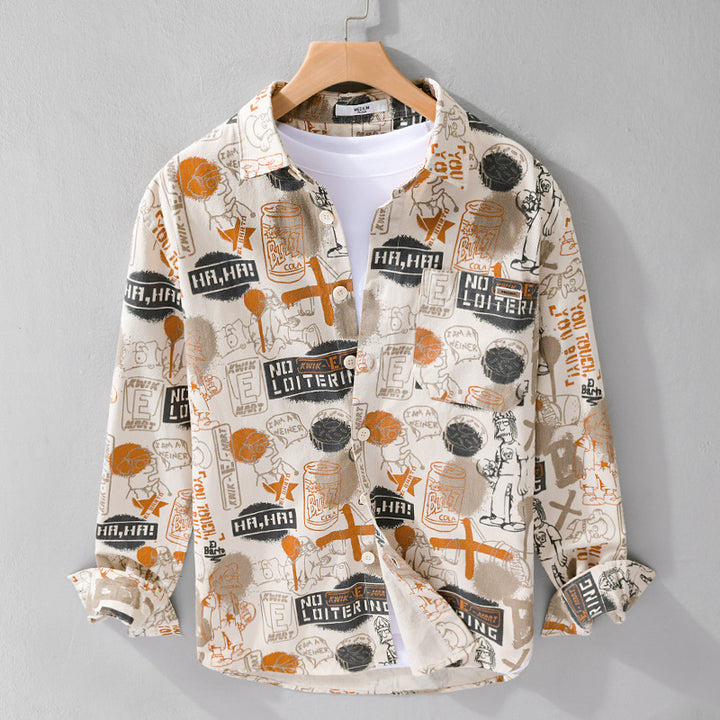 Men's Artistic Graphic Overshirt in Relaxed Layering with Allover Sketch Print and Soft-Touch Cotton Mix Mune Fashion