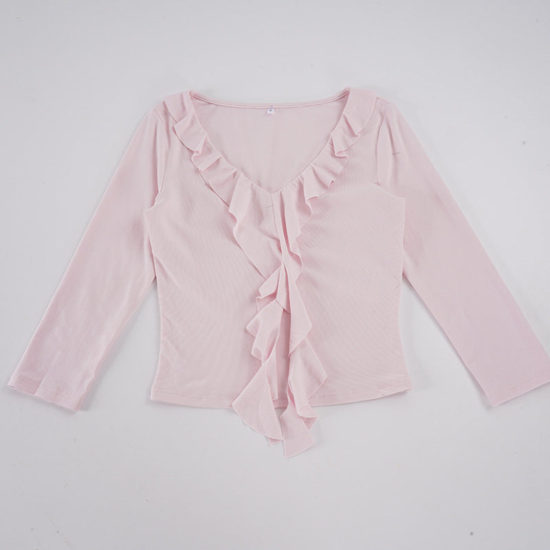 Women tailored long sleeve shirt with deep V-neck and inserted ruffle Mune Fashion