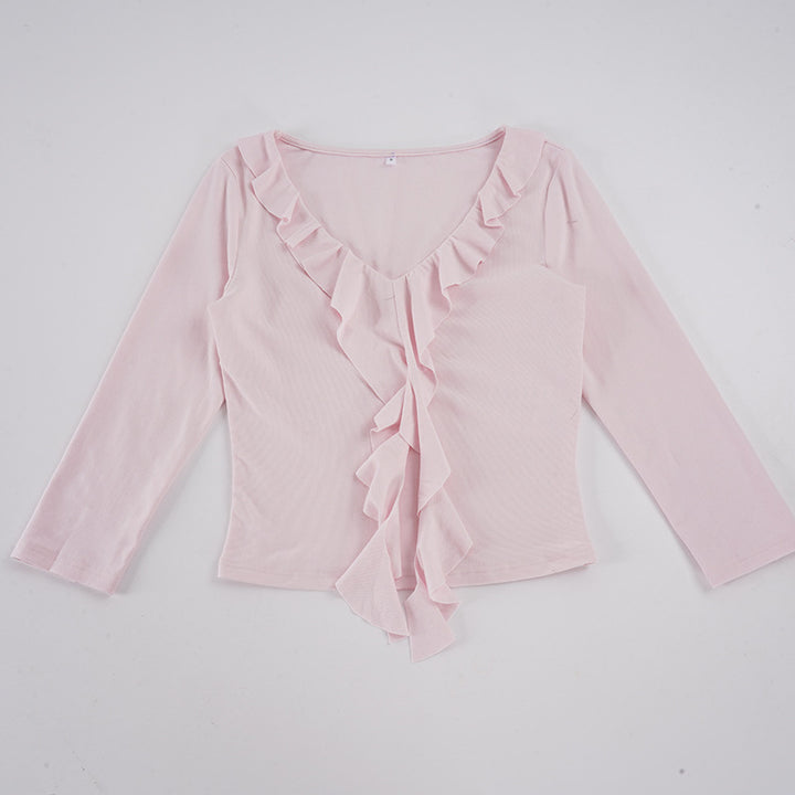 Women tailored long sleeve shirt with deep V-neck and inserted ruffle Mune Fashion